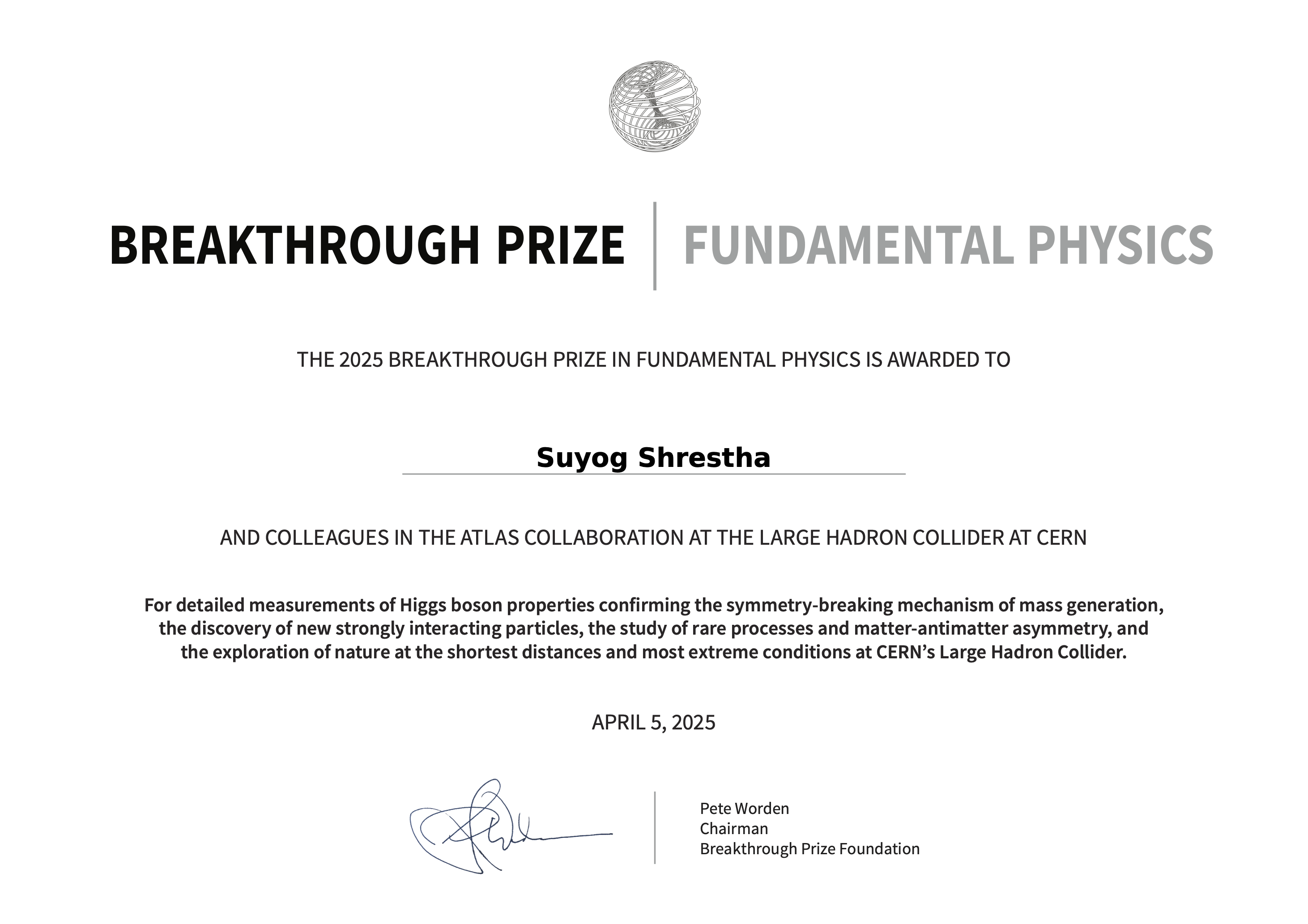 breakthrough prize certificate